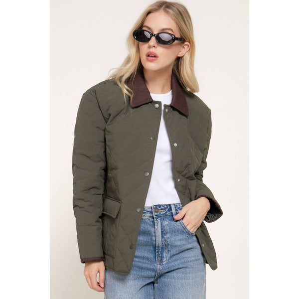 Long Sleeve Lapel Collar Quilted Puffer Jacket