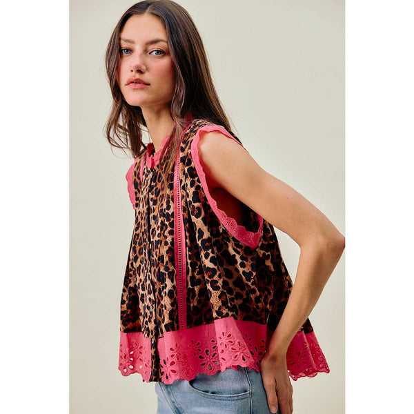 So Me - LEOPARD BUTTON UP PLEATED SLEEVELESS BLOUSE TOP