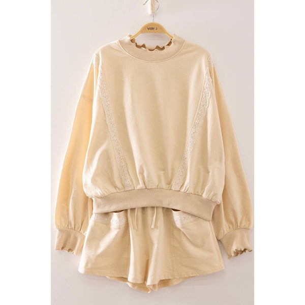 Lace Trim Sweatshirt & Shorts Lounge Set