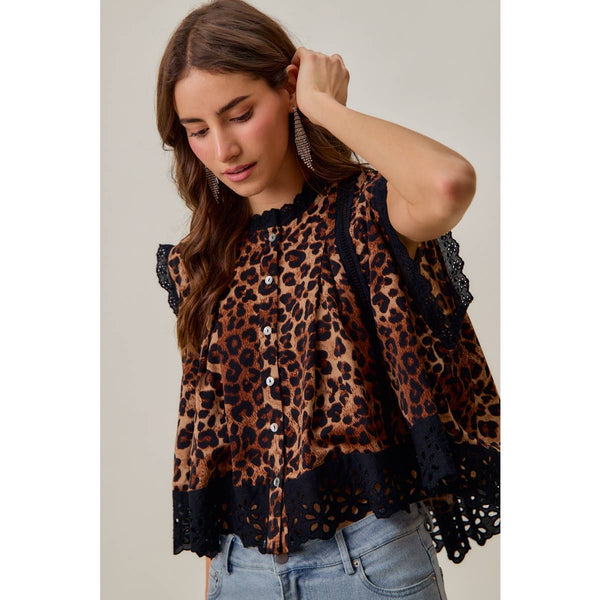 So Me - LEOPARD BUTTON UP PLEATED SLEEVELESS BLOUSE TOP