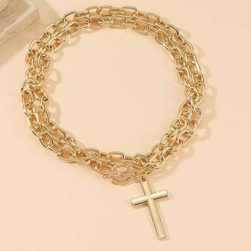 JOSSLYN by wall to wall - PUFFY CROSS CHUNKY CHAIN STATEMENT TOGGLE NECKLACE |40NK9668