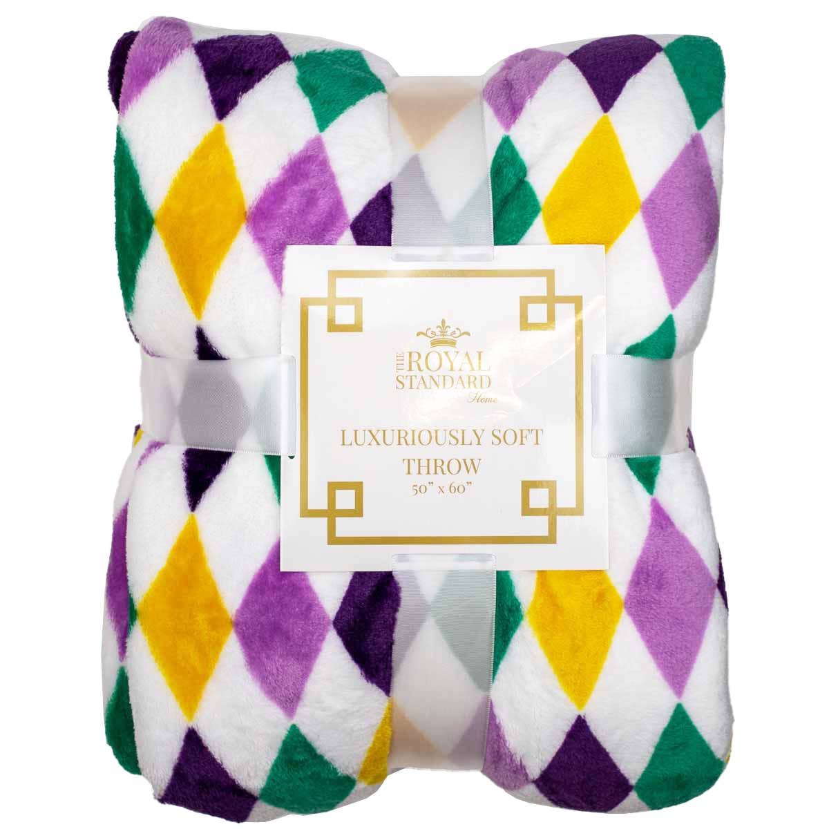 Mardi Gras Harlequin Throw   White/Purple/Green/Yellow   50x60