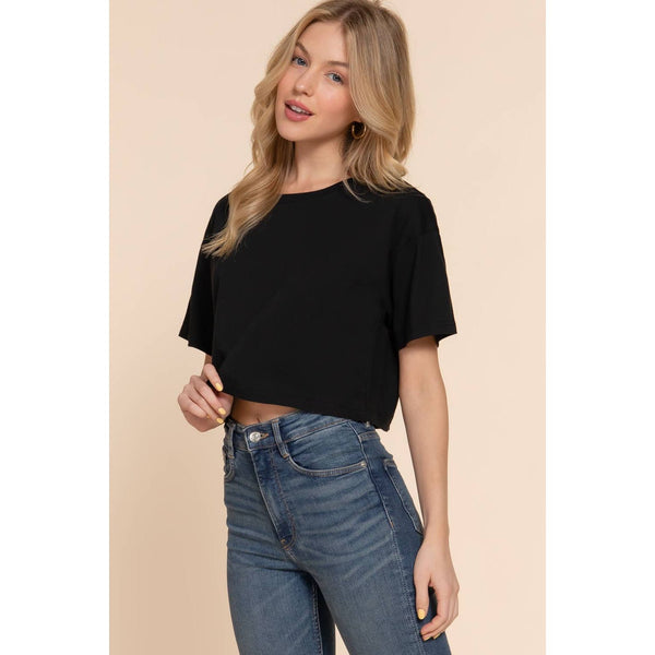 Short Sleeve Crew Neck Oversize Crop Cotton Knit Tee