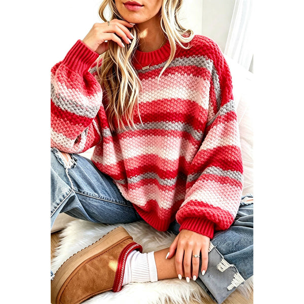 1 the Woman - Rainbow Striped Knit Round Neck Puff Sleeve Sweater