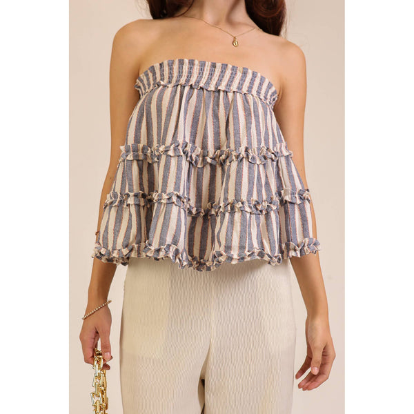 Ruffled Tiered Stripe Strapless Top