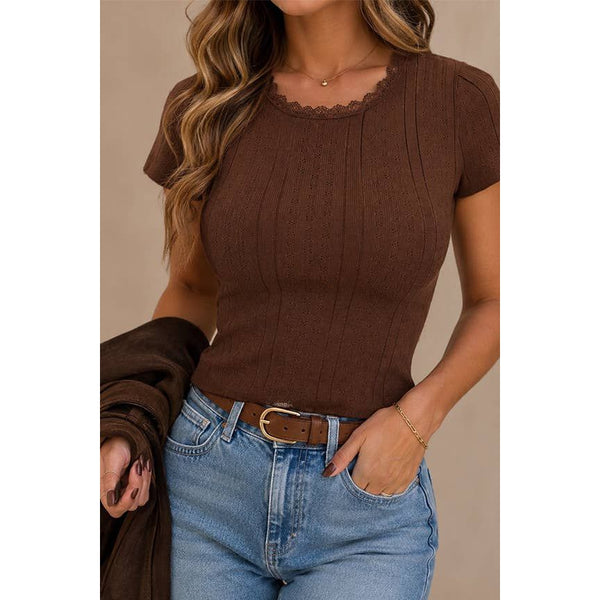 Pointelle Lace Trim Sweater Tee