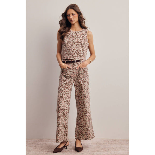 Stretch Leopard Print Denim Pants and Vest Set