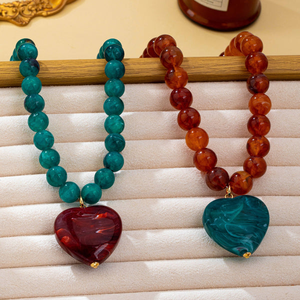 JOSSLYN by wall to wall - Marbled Bead Heart Pendant Statement Necklace | 80N93830