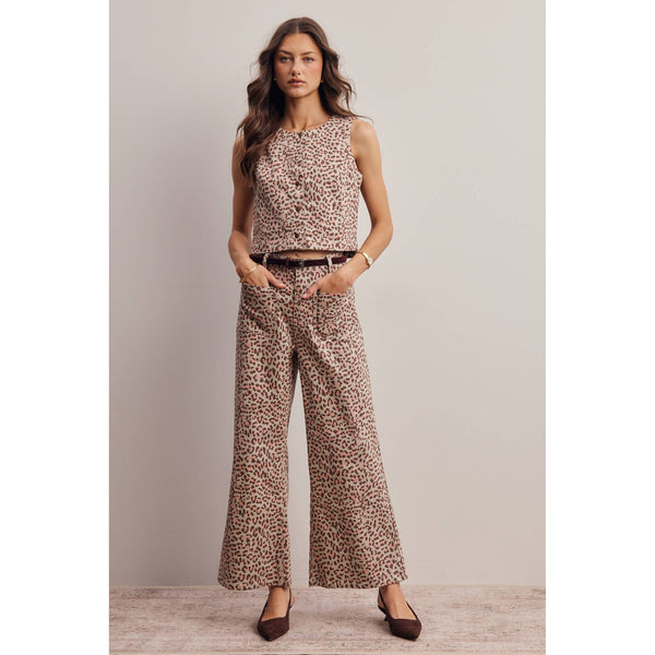 Stretch Leopard Print Denim Pants and Vest Set