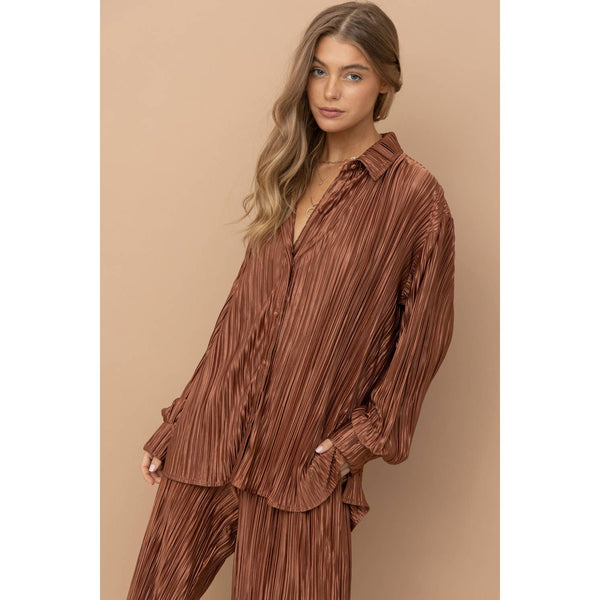 Accordion Pleat Button Blouse Pant Lounge Set
