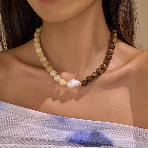 JOSSLYN by wall to wall - Two-Tone Faceted Natural Stone & Pearl Necklace | 40NK9770