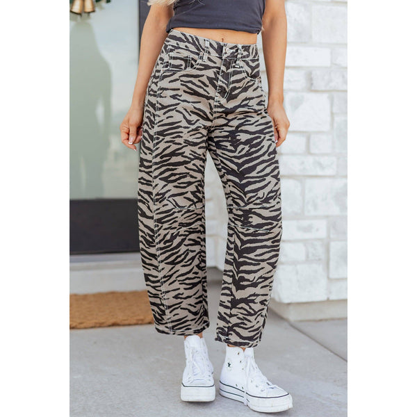 Zebra Stripe Denim Wide Barrel Leg Jeans
