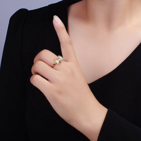 14K Gold Filled Clear Baguette Bow Ribbon Adjustable Ring