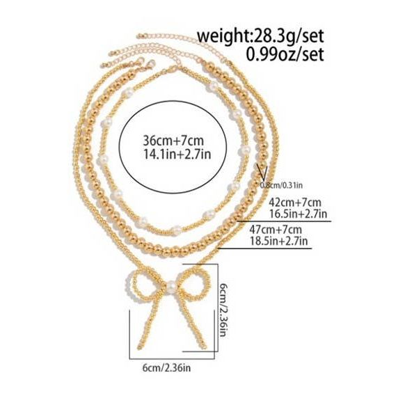 MULTILAYER BALL CHAIN BEAD PEARL BOW NECKLACE