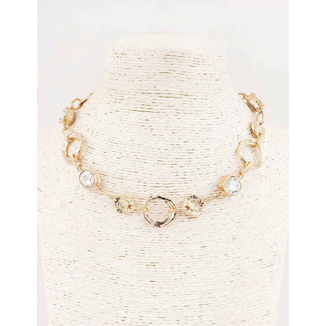 Gold Textured Necklace with Clear Stone 16"-18" Necklace