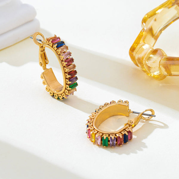 JOSSLYN by wall to wall - Multicolor Baguette Crystal Hoop Earrings | 80E62401