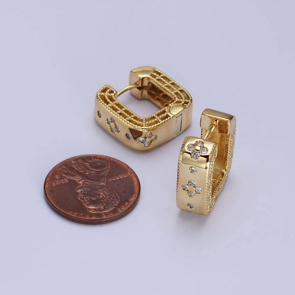 24K Gold Filled Clear Quatrefoil CZ Square Huggies Earrings