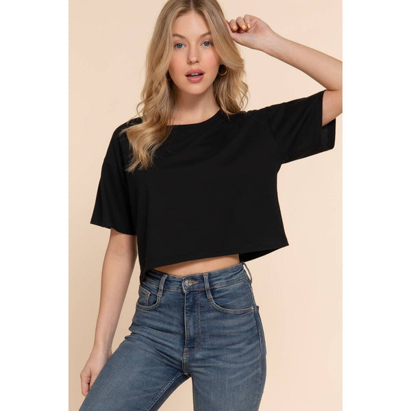 Short Sleeve Crew Neck Oversize Crop Cotton Knit Tee
