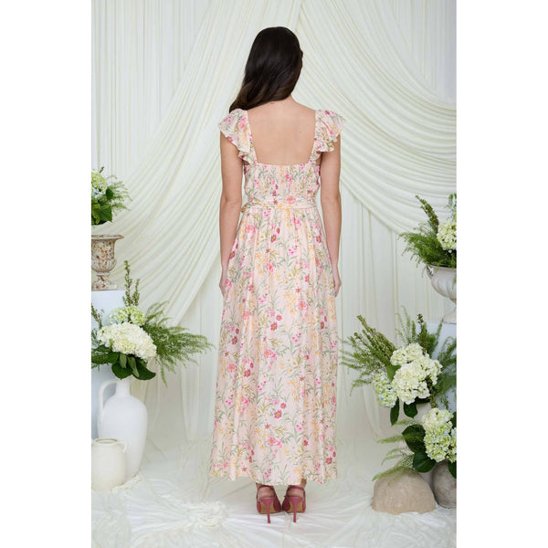 FLORAL WAIST TIE FRONT SLIT SLEEVELESS MIDI DRESS