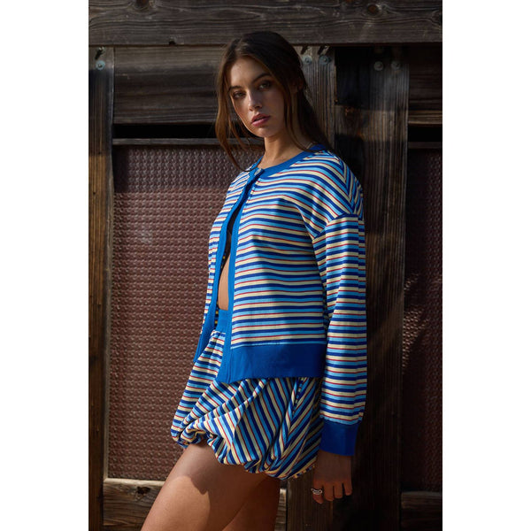 Vibrant Multi-Stripe Dual-Button Knit Cardigan With Bubble Skirt