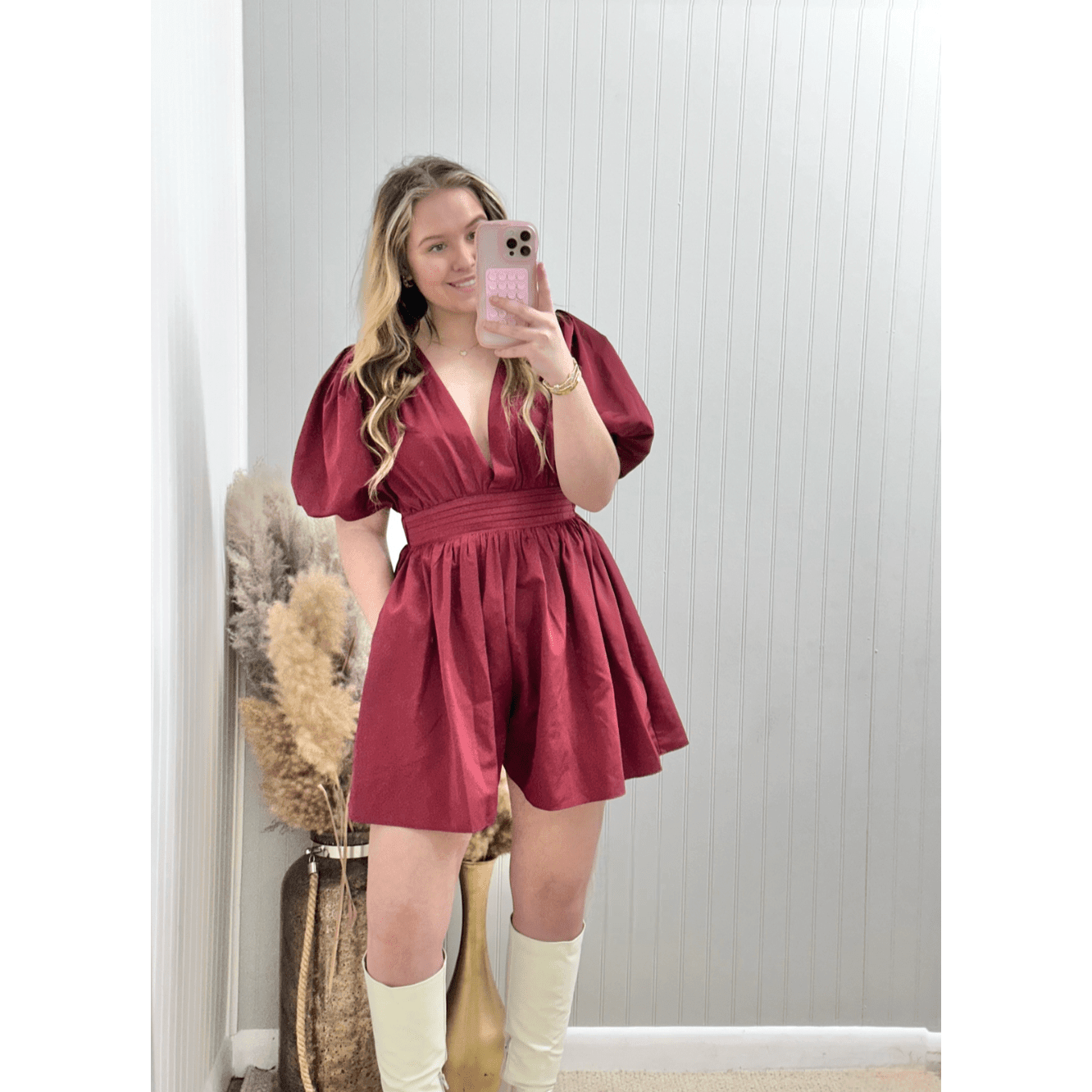 Ballon Sleeve Romper - Burgundy - Southern Roots Clothing Company