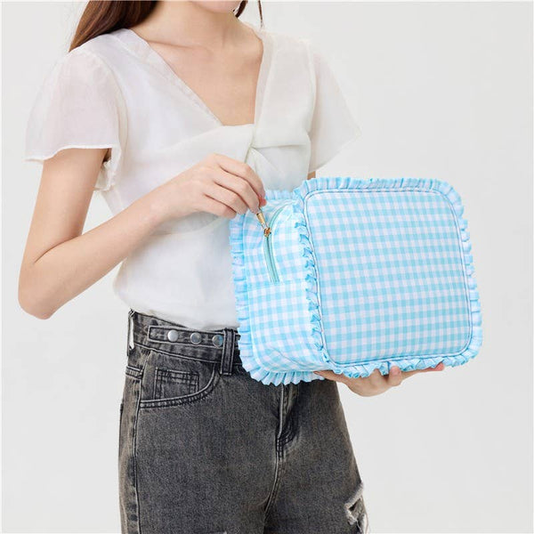 RUFFLE CHECKER STRIPE COSMETIC TRAVEL POUCH BAG