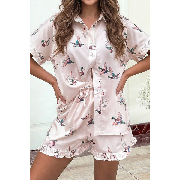 1 the Woman - Mallard Print Ruffle 2 Pcs Sleepwear Set
