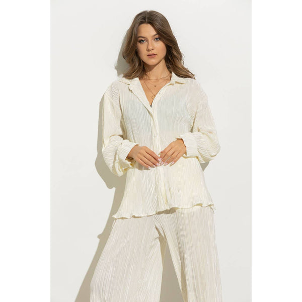 Accordion Pleat Button Blouse Pant Lounge Set