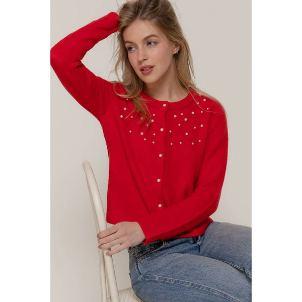 Pearl Embellished Sweater Cardigan - Red
