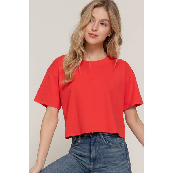 Short Sleeve Crew Neck Oversize Crop Cotton Knit Tee