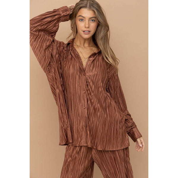 Accordion Pleat Button Blouse Pant Lounge Set