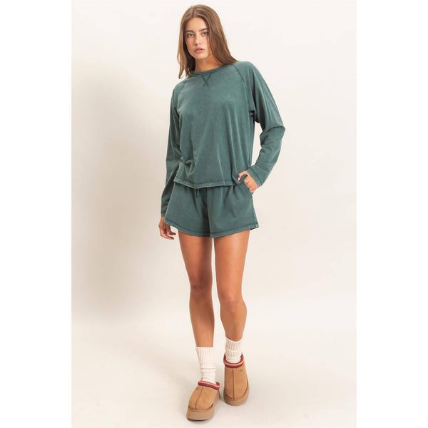 Mineral Wash Raw Edge Top And Shorts Set