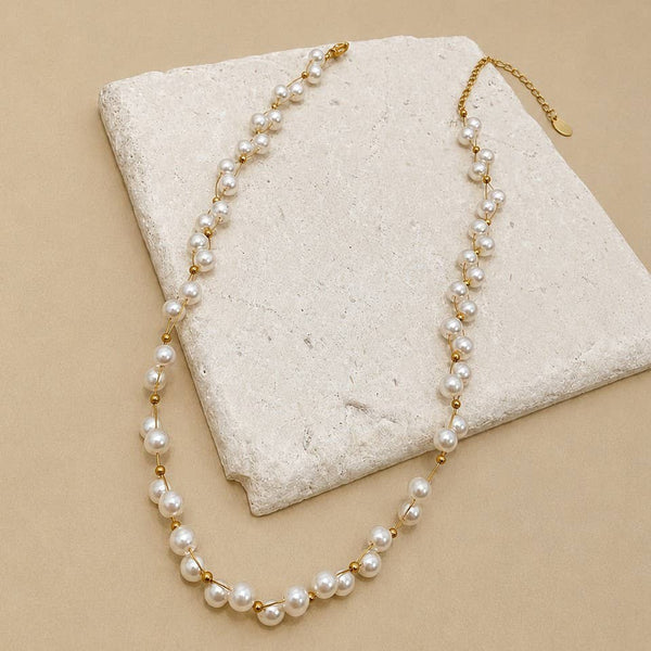 JOSSLYN by wall to wall - Faux Baroque Pearl & Gold Wire Station Necklace | 40NK9791