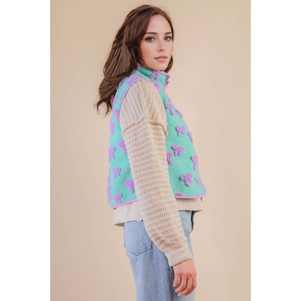 Textured Bow & Floral Printed Vest