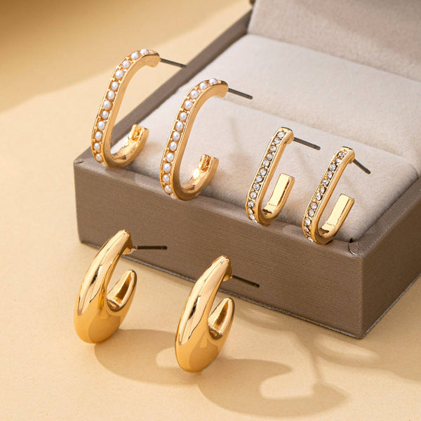 Rhinestone Pearl Huggie Hoop Trio Earrings