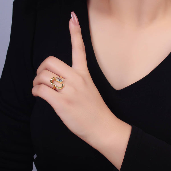 Dainty Gold Hammered Ring with Emerald Cut Stone