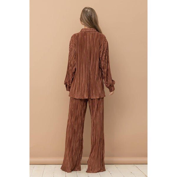 Accordion Pleat Button Blouse Pant Lounge Set