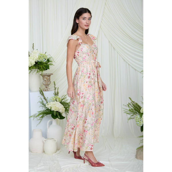 FLORAL WAIST TIE FRONT SLIT SLEEVELESS MIDI DRESS