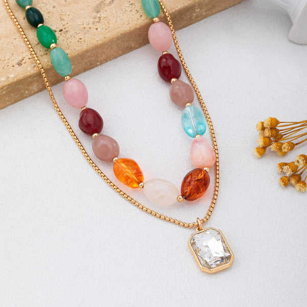 JOSSLYN by wall to wall - 
Multi-Color Stone & Crystal Pendant Necklace | 80N92955