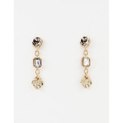 Gold Hammered Coin with Clear Crystal Drop Earring