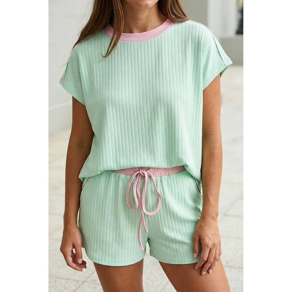 Textured Short Sleeve Rib Top and Shorts Set