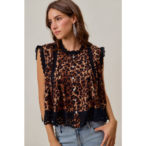 So Me - LEOPARD BUTTON UP PLEATED SLEEVELESS BLOUSE TOP