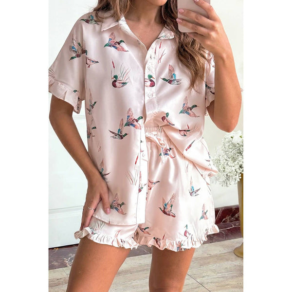 1 the Woman - Mallard Print Ruffle 2 Pcs Sleepwear Set
