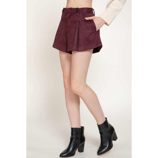 Suede Shorts With Buttons And Pleats - Mocha Brown