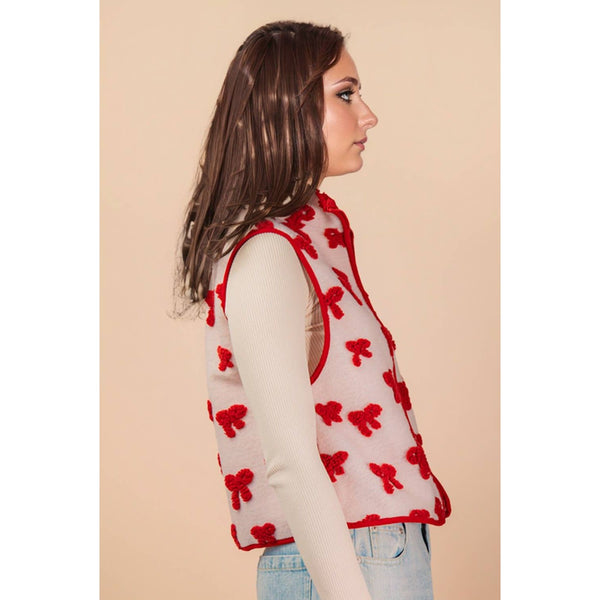 Textured Bow & Floral Printed Vest