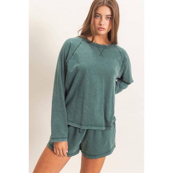 Mineral Wash Raw Edge Top And Shorts Set