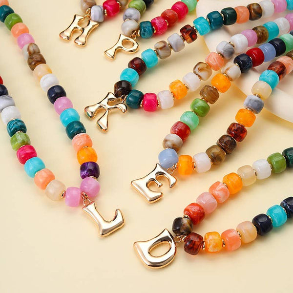JOSSLYN by wall to wall - Multi Chunky Beaded Initial Charm Necklace Set | 40NK9655