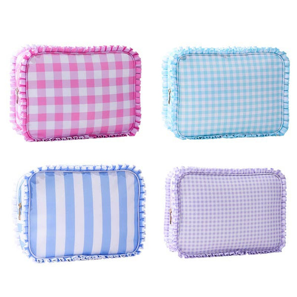 RUFFLE CHECKER STRIPE COSMETIC TRAVEL POUCH BAG