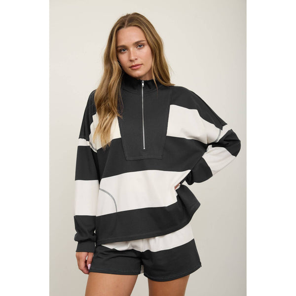 Wide Stripe Half Zip Top With Matching Shorts