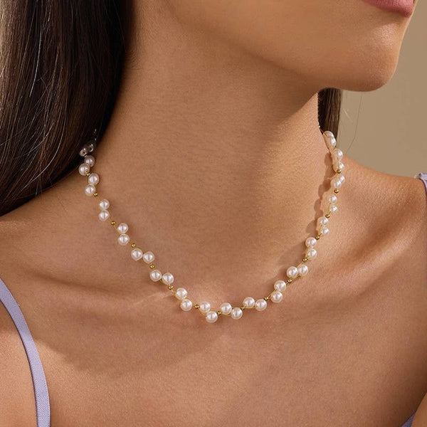 JOSSLYN by wall to wall - Faux Baroque Pearl & Gold Wire Station Necklace | 40NK9791